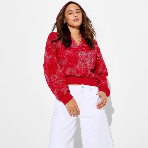 wild fable Tops - Womens Split Neck French Terry Pullover Sweatshirt Hood Wild Fable Red Paisley M